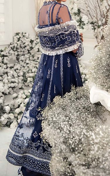 Aik Royal Blue Net Suit | Pakistani Embroidered Chiffon Dresses- Image 2
