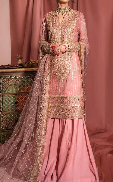 Aik Tea Pink Net Suit | Pakistani Embroidered Chiffon Dresses- Image 1