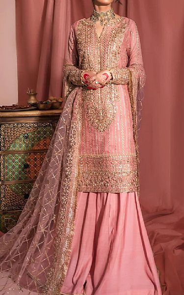 Aik Tea Pink Net Suit | Pakistani Embroidered Chiffon Dresses USA- Image 1