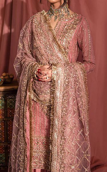 Aik Tea Pink Net Suit | Pakistani Embroidered Chiffon Dresses- Image 2