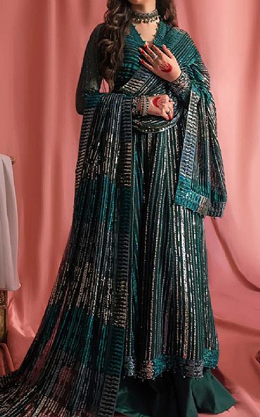 Aik Teal Chiffon Suit | Pakistani Embroidered Chiffon Dresses- Image 1