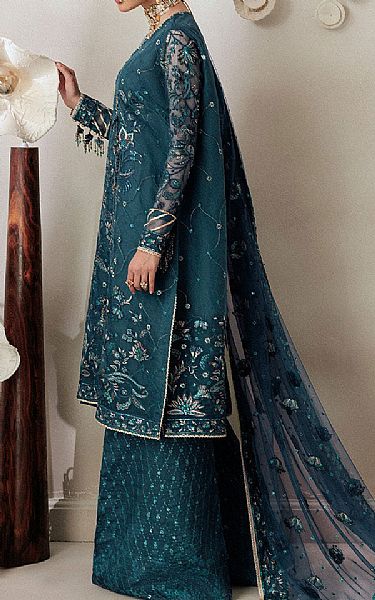 Aik Teal Organza Suit | Pakistani Embroidered Chiffon Dresses USA- Image 2