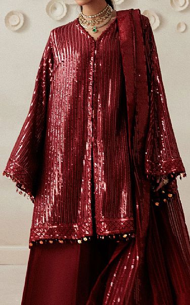 Aik Maroon Chiffon Suit | Pakistani Embroidered Chiffon Dresses USA- Image 2