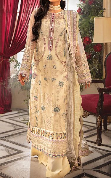Aik Sand Gold Net Suit | Pakistani Embroidered Chiffon Dresses- Image 1