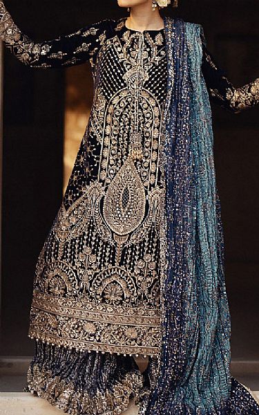 Aik Dark Blue Velvet Suit | Pakistani Winter Dresses in USA- Image 1