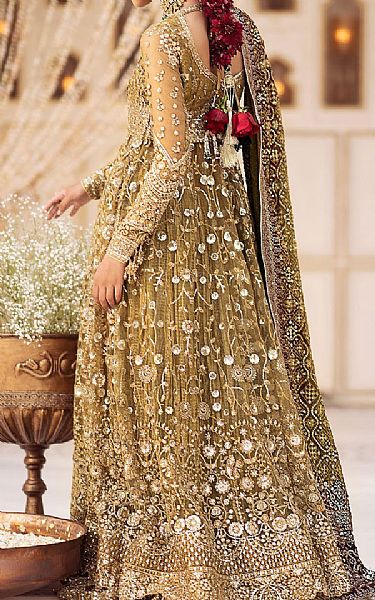 Aik Olive Green Net Suit | Pakistani Embroidered Chiffon Dresses USA- Image 2