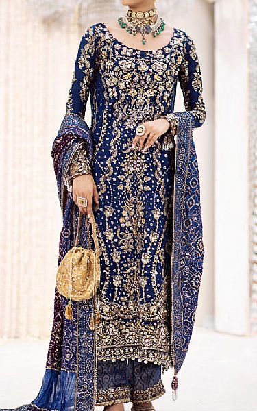 Aik Navy Blue Silk Suit | Pakistani Embroidered Chiffon Dresses USA- Image 1