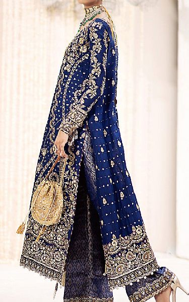 Aik Navy Blue Silk Suit | Pakistani Embroidered Chiffon Dresses USA- Image 2