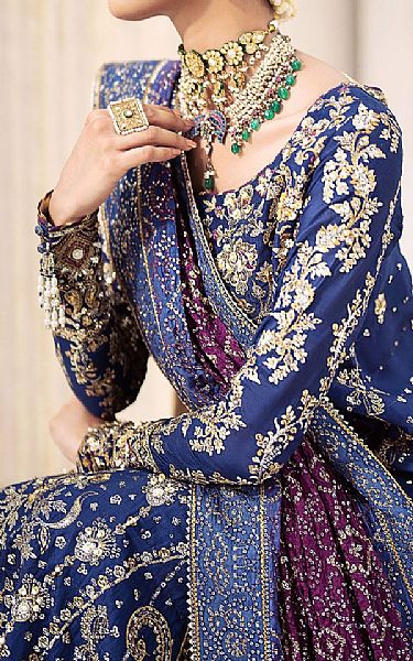 Aik Navy Blue Silk Suit | Pakistani Embroidered Chiffon Dresses USA- Image 3