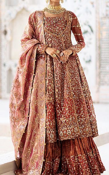 Aik Sanguine Brown Net Suit | Pakistani Embroidered Chiffon Dresses USA- Image 1