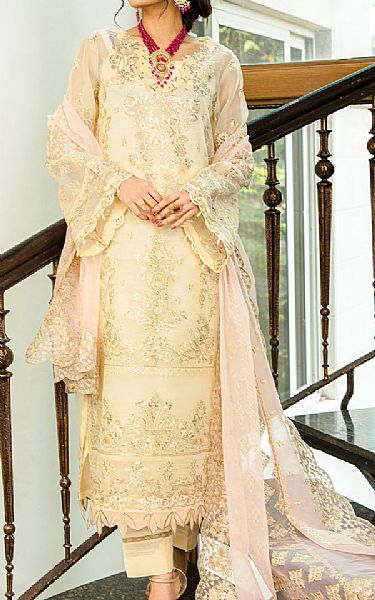 Aik Cream Organza Suit | Pakistani Embroidered Chiffon Dresses- Image 1