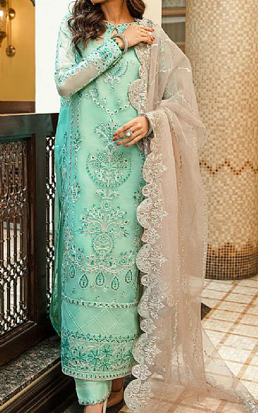 Aik Aqua Organza Suit | Pakistani Embroidered Chiffon Dresses- Image 1