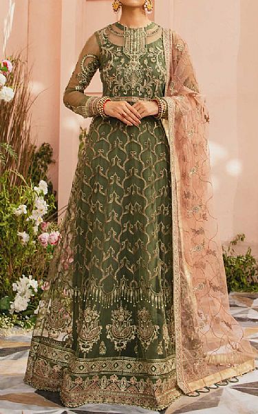 Aik Olive Green Organza Suit | Pakistani Dresses in USA- Image 1