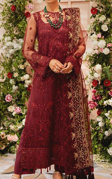 Aik Burgundy Organza Suit | Pakistani Dresses in USA- Image 1