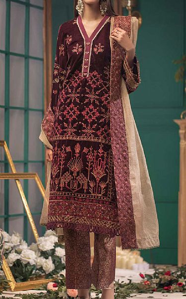 Aik Maroon Velvet Suit | Pakistani Dresses in USA- Image 1