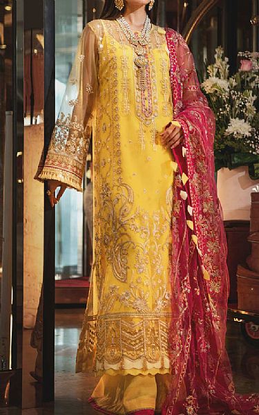 Aik Yellow Net Suit | Pakistani Dresses in USA- Image 1