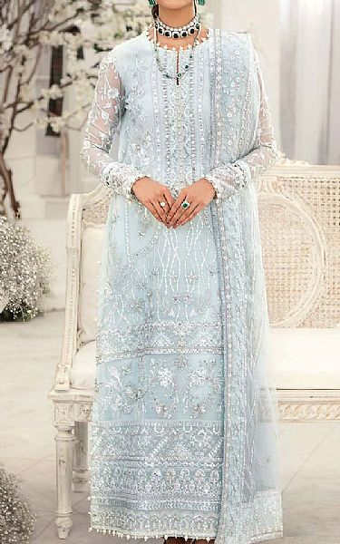 Aik Sky Blue Organza Suit | Pakistani Embroidered Chiffon Dresses USA- Image 1