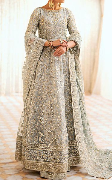 Aik Grey Organza Suit | Pakistani Embroidered Chiffon Dresses USA- Image 1