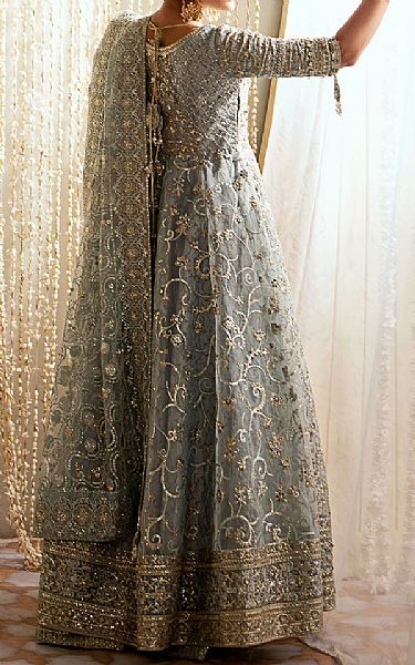 Aik Grey Organza Suit | Pakistani Embroidered Chiffon Dresses USA- Image 2
