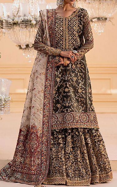Aik Charcoal Grey Organza Suit | Pakistani Embroidered Chiffon Dresses USA- Image 1