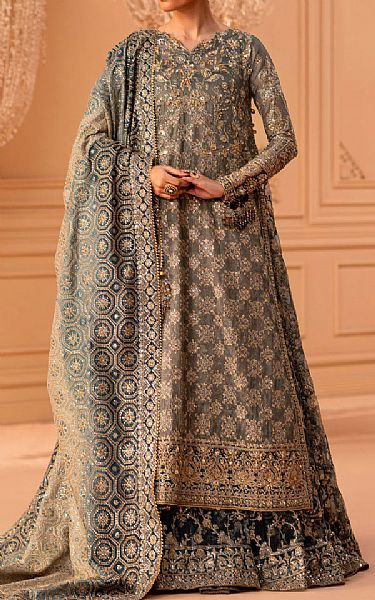 Aik Grey Net Suit | Pakistani Embroidered Chiffon Dresses USA- Image 1