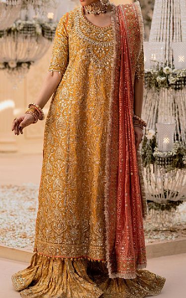 Aik Mustard Net Suit | Pakistani Embroidered Chiffon Dresses USA- Image 1
