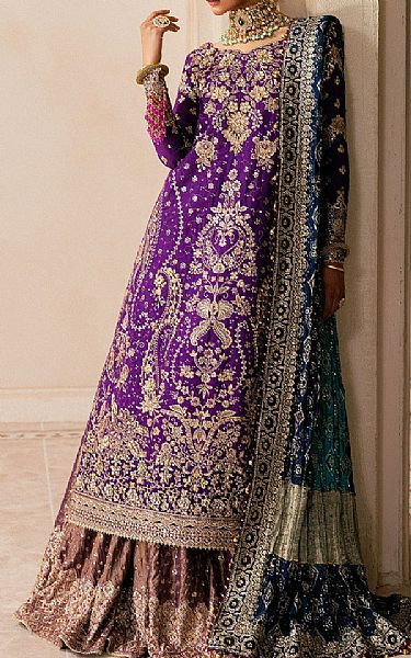 Aik Indigo Silk Suit | Pakistani Embroidered Chiffon Dresses USA- Image 1