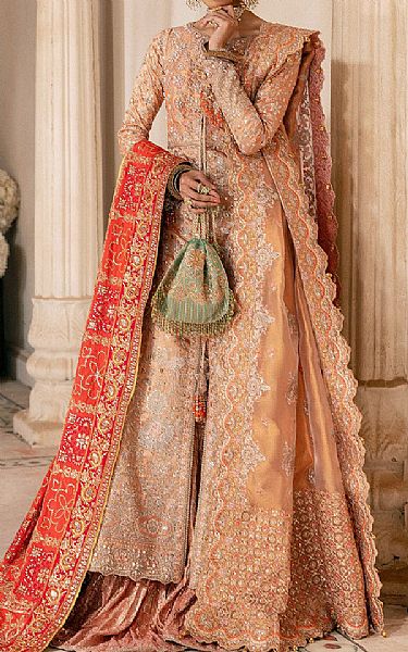 Aik Peach Tissue Suit | Pakistani Embroidered Chiffon Dresses USA- Image 1