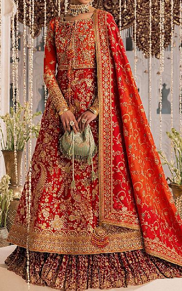 Aik Scarlet Silk Suit | Pakistani Embroidered Chiffon Dresses USA- Image 1