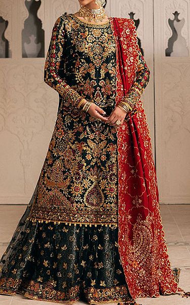 Aik Golden/Navy Silk Suit | Pakistani Embroidered Chiffon Dresses USA- Image 1