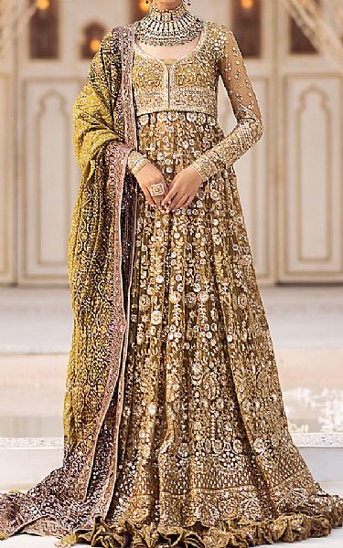 Aik Olive Net Suit | Pakistani Embroidered Chiffon Dresses USA- Image 1