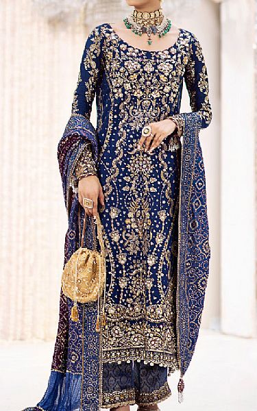 Aik Blue Silk Suit | Pakistani Embroidered Chiffon Dresses USA- Image 1