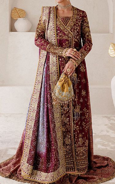 Aik Plum Silk Suit | Pakistani Embroidered Chiffon Dresses USA- Image 1