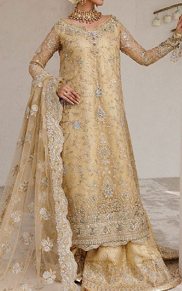 Aik Dull Gold Net Suit | Pakistani Embroidered Chiffon Dresses USA- Image 1