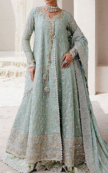 Aik Turquoise Organza Suit | Pakistani Embroidered Chiffon Dresses USA- Image 1