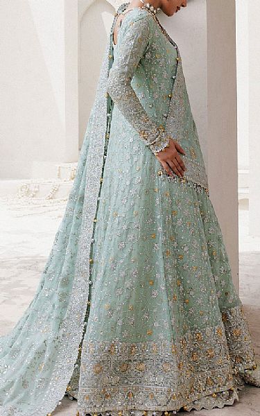 Aik Turquoise Organza Suit | Pakistani Embroidered Chiffon Dresses USA- Image 2