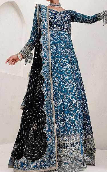 Aik Blue Net Suit | Pakistani Embroidered Chiffon Dresses USA- Image 1