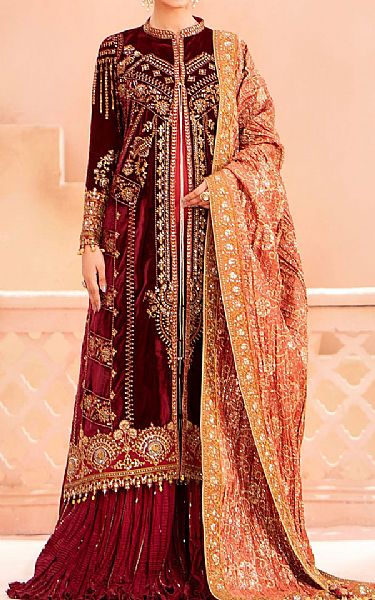 Aik Maroon Velvet Suit | Pakistani Winter Dresses- Image 1