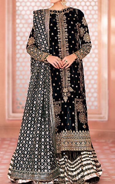 Aik Bottle Green Velvet Suit | Pakistani Winter Dresses in USA- Image 1