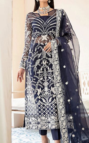 Akbar Aslam Navy Blue Organza Suit | Pakistani Embroidered Chiffon Dresses- Image 1