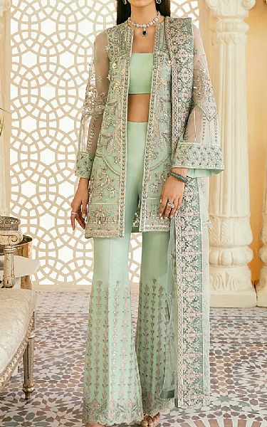 Akbar Aslam Mint Green Organza Suit | Pakistani Embroidered Chiffon Dresses- Image 1