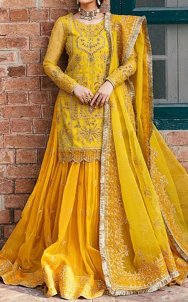 Akbar Aslam Golden Yellow Organza Suit | Pakistani Embroidered Chiffon Dresses- Image 1