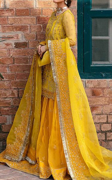 Akbar Aslam Golden Yellow Organza Suit | Pakistani Embroidered Chiffon Dresses- Image 2