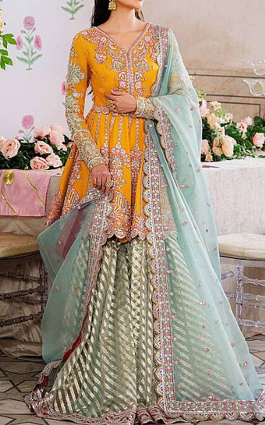 Akbar Aslam Mustard/Turquoise Net Suit | Pakistani Embroidered Chiffon Dresses- Image 1