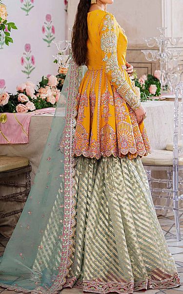 Akbar Aslam Mustard/Turquoise Net Suit | Pakistani Embroidered Chiffon Dresses- Image 2