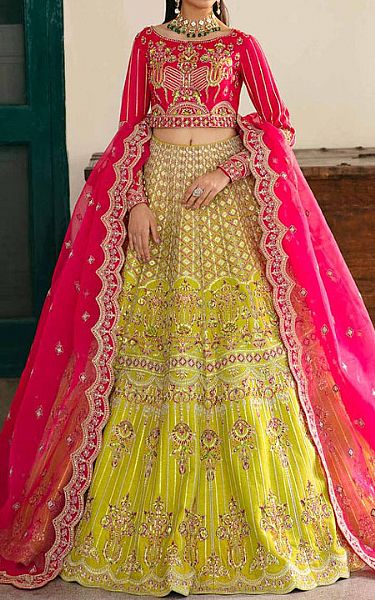 Akbar Aslam Hot Pink/Green Raw Silk Suit | Pakistani Embroidered Chiffon Dresses- Image 1