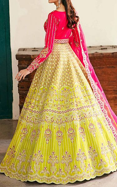Akbar Aslam Hot Pink/Green Raw Silk Suit | Pakistani Embroidered Chiffon Dresses- Image 2