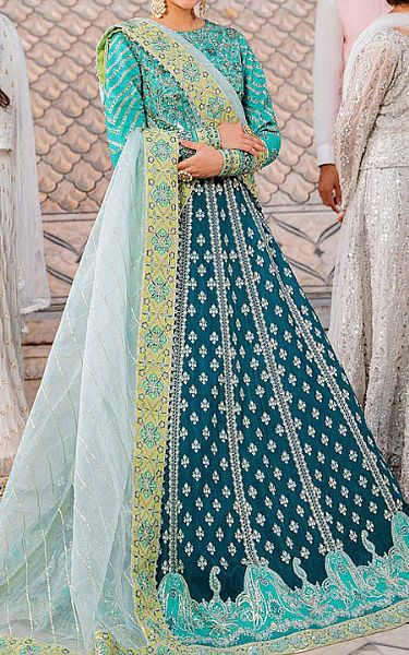 Akbar Aslam Turquoise/Blue Raw Silk Suit | Pakistani Embroidered Chiffon Dresses- Image 1