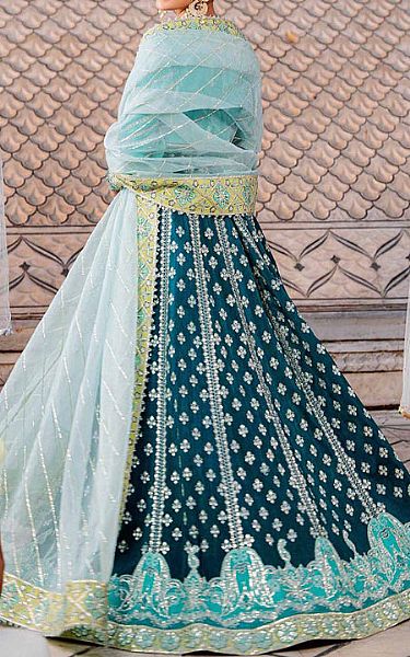 Akbar Aslam Turquoise/Blue Raw Silk Suit | Pakistani Embroidered Chiffon Dresses- Image 2