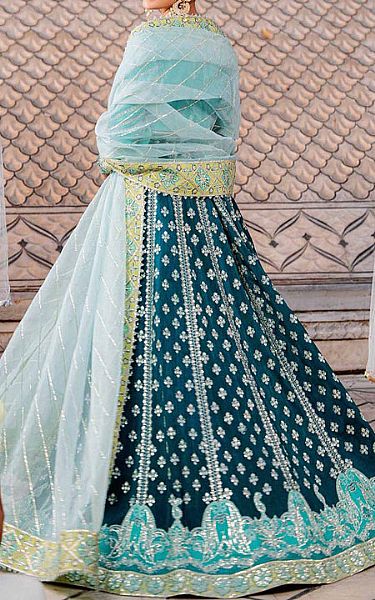 Akbar Aslam Turquoise/Blue Raw Silk Suit | Pakistani Embroidered Chiffon Dresses USA- Image 2